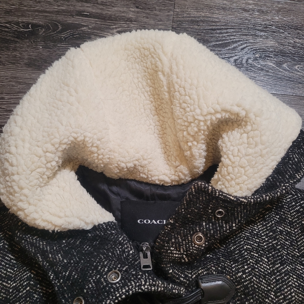 Coach Duffle Wool/Alpaca Blend Oversized Coat in Charcoal with Sherpa Hood Sz S - Picture 9 of 12